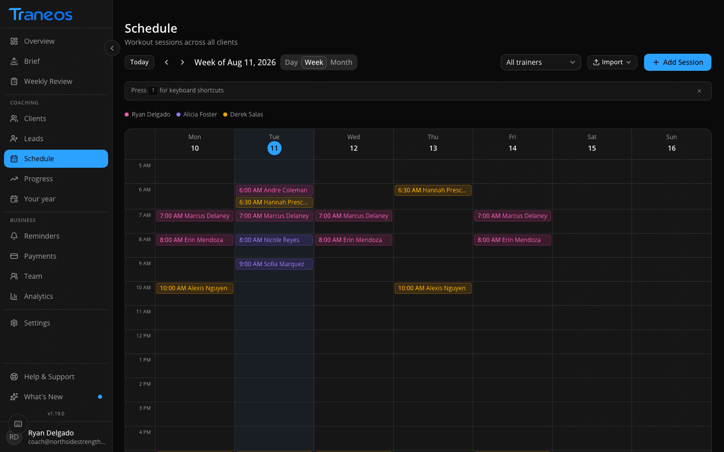Traneos schedule calendar screen showing a week view with workout sessions stacked across days and color-coded trainer chips.
