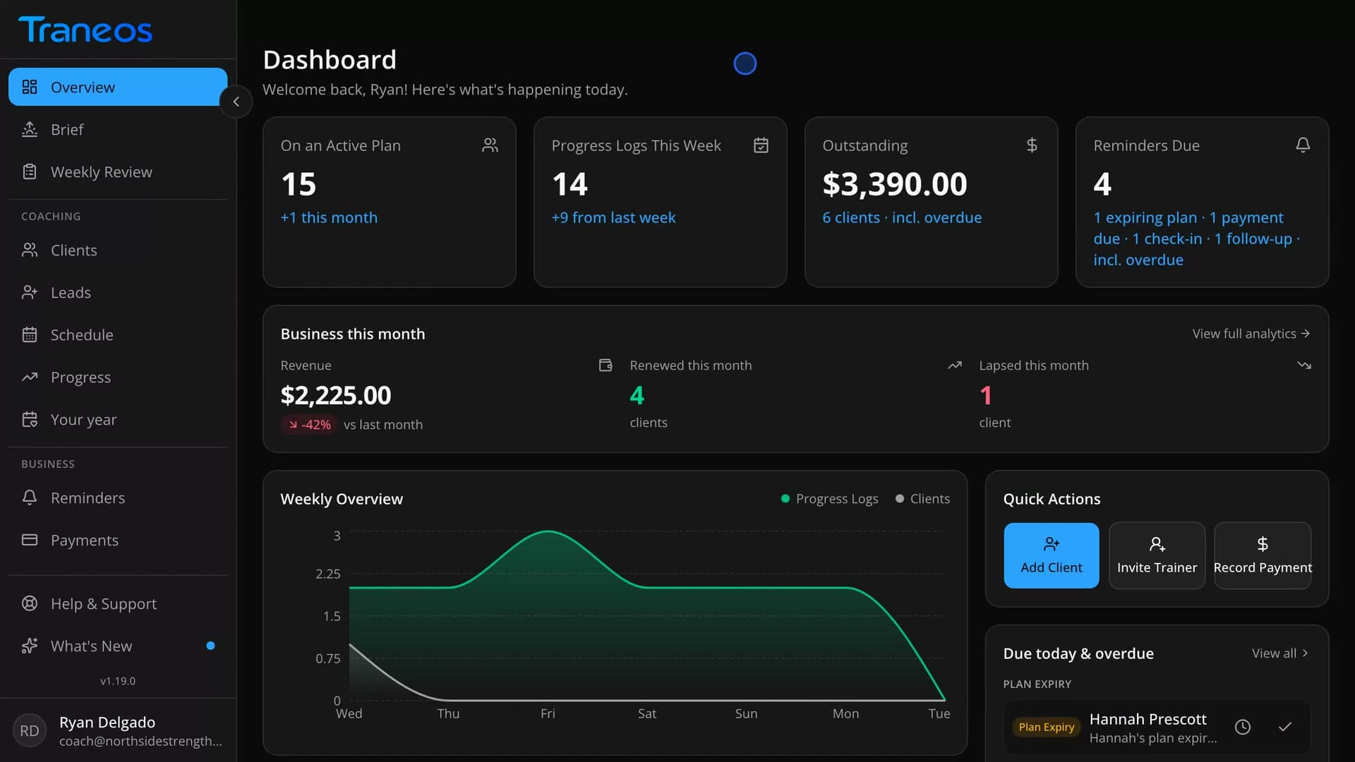 Traneos dashboard showing client list, today's follow-ups, and payment status.