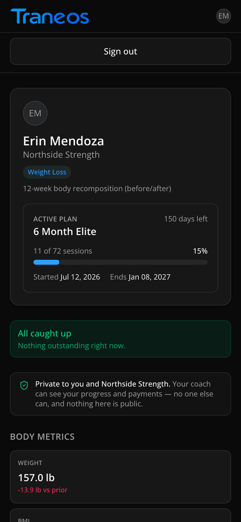 Traneos client portal on a mobile phone showing the client's plan progress, latest weight, and upcoming workout session.
